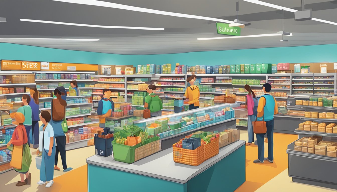 A bustling store with a bright sign, busy checkout lanes, and shelves stocked with various products. Customers browse the aisles and employees assist with their needs