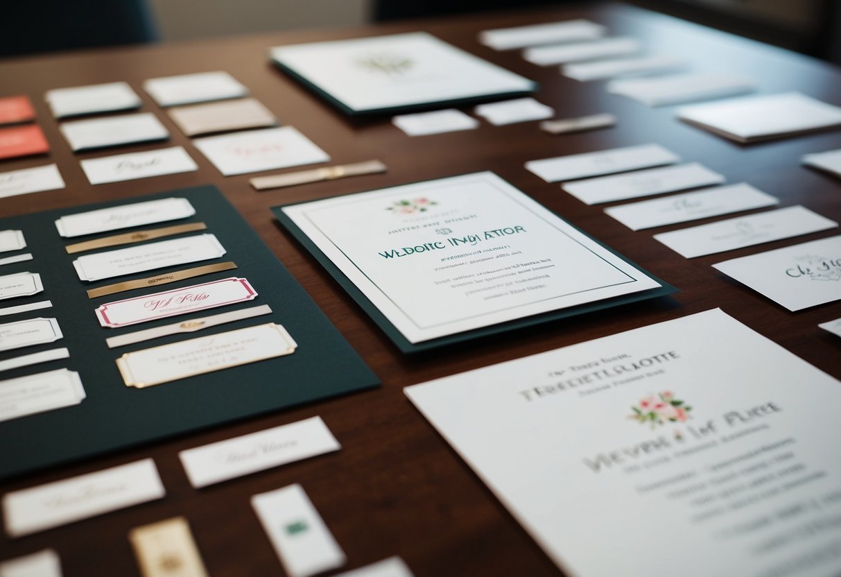 A table with various label designs and wedding invitation samples laid out for consideration