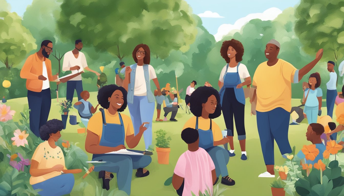 A diverse group of people gathered in a park, participating in various community engagement activities such as gardening, painting, and playing music