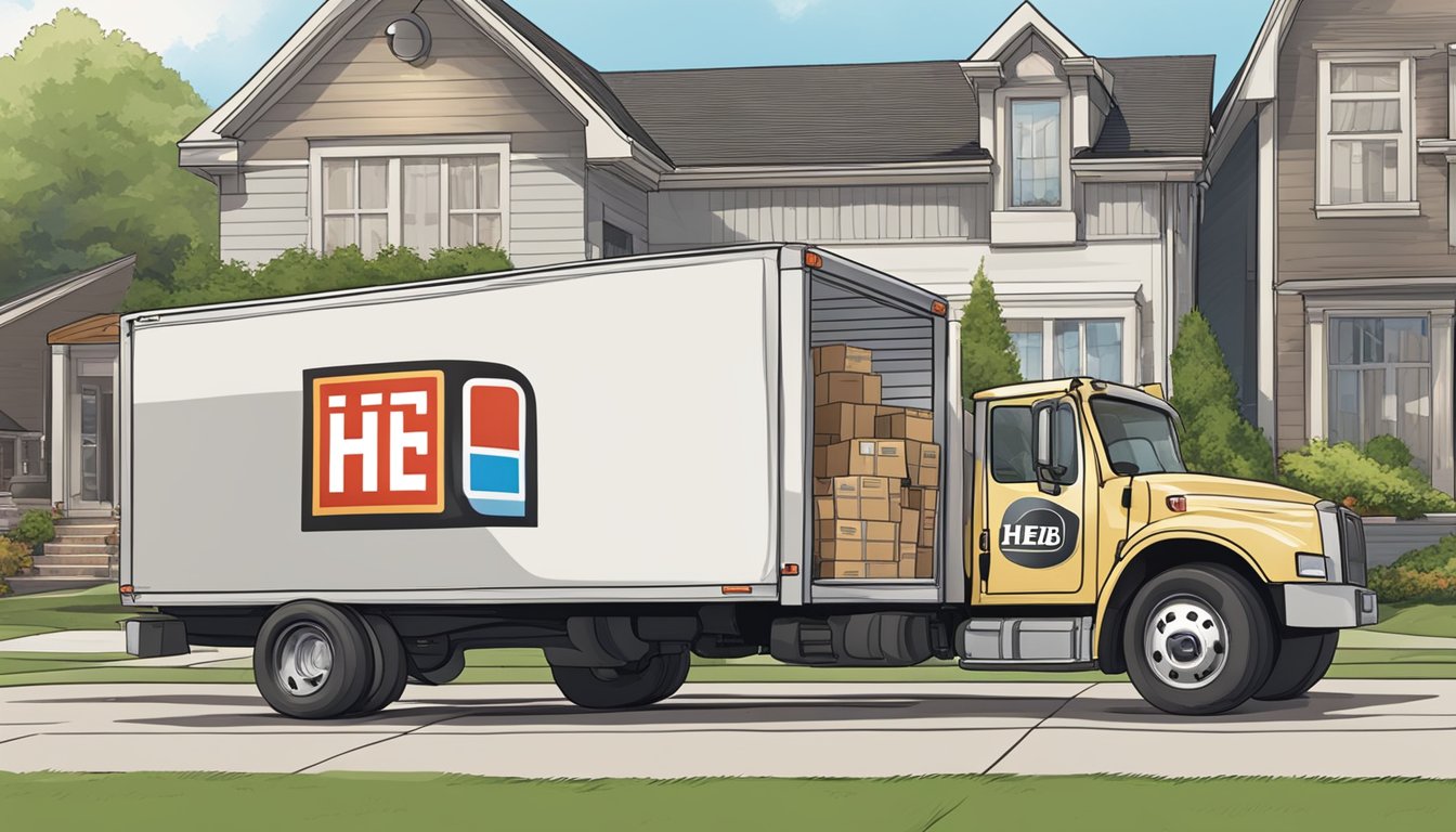 A delivery truck parked outside a suburban home, with a driver unloading grocery bags and a logo for "HEB Delivery" prominently displayed on the vehicle