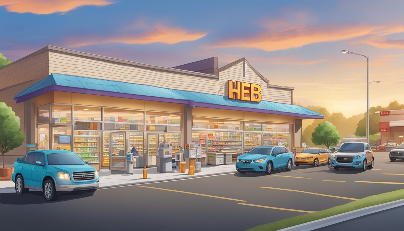 A bustling Pharmacy Services heb store near a busy street, with a bright sign and a line of cars in the drive-thru