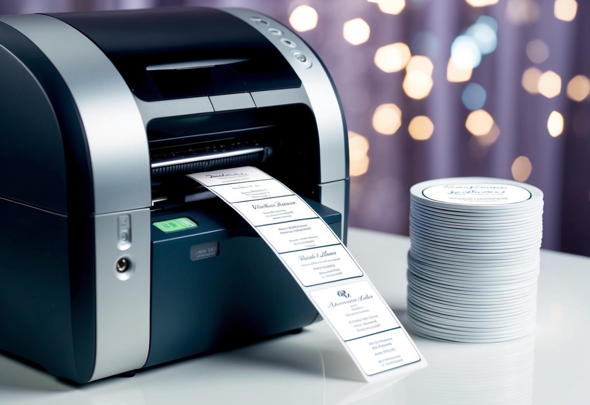 A printer feeds a roll of elegant wedding invitation labels into the machine, with a stack of completed labels waiting to be collected