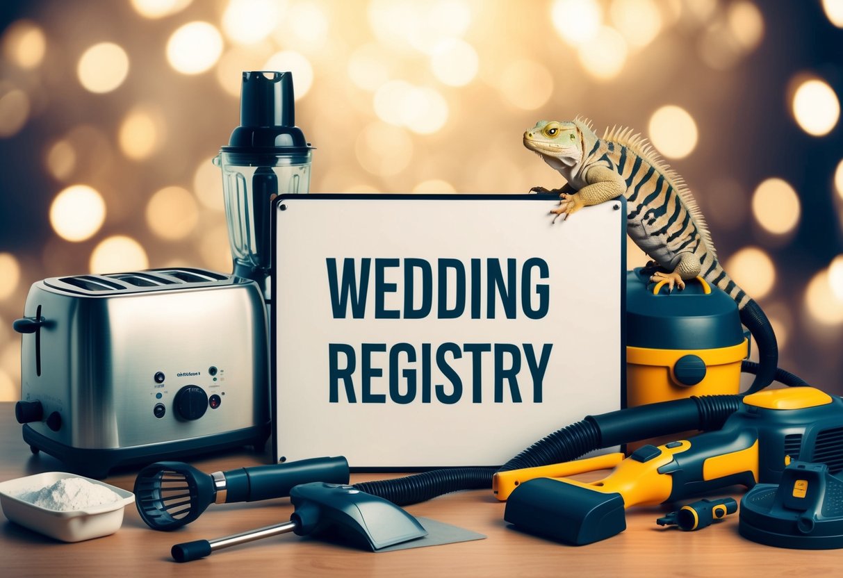 A cluttered wedding registry with items like a toaster, blender, and vacuum, but also with unusual items like a pet iguana and a set of power tools
