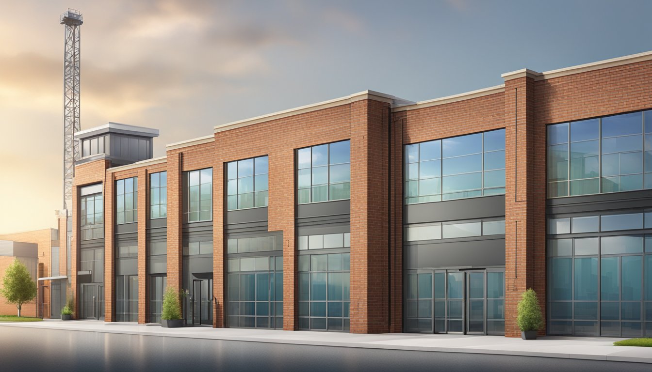 Two industrial buildings side by side, one modern with glass windows and the other older with brick and metal siding