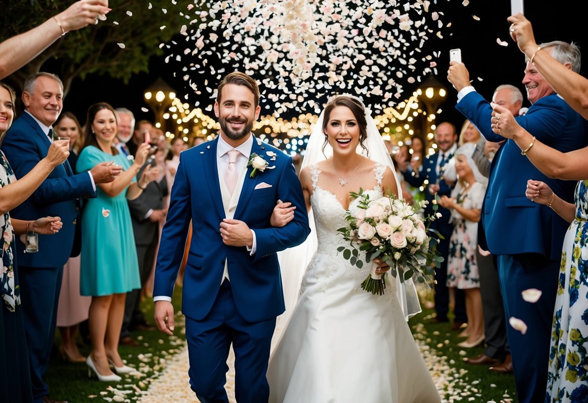 The bride and groom exit under a shower of rose petals, surrounded by cheering guests and twinkling lights