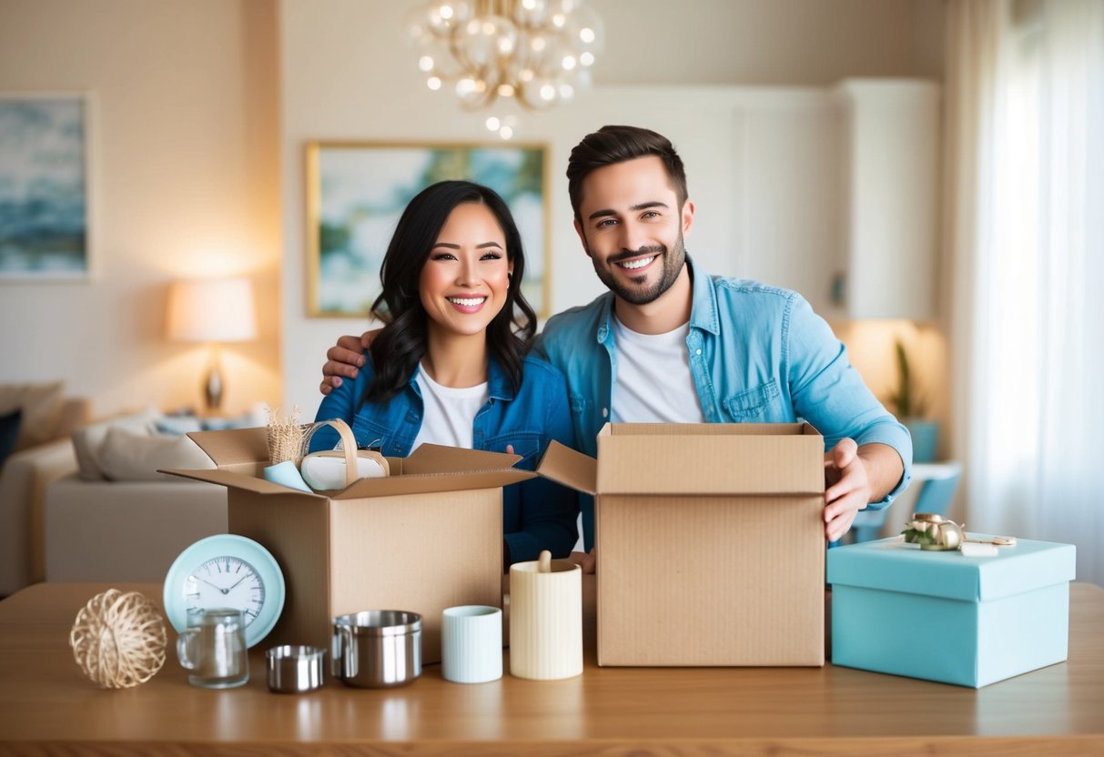 A couple happily receiving practical household items, while avoiding unnecessary or extravagant items for their wedding registry