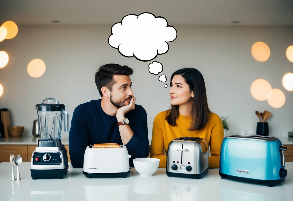 A couple standing in front of a table, pondering over items like a blender, toaster, and cutlery, with a thought bubble above their heads