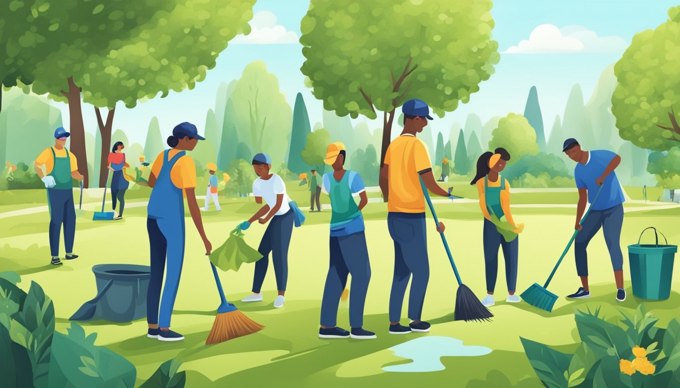 A group of people cleaning up a park, planting trees, and picking up trash to show their commitment to the environment and community