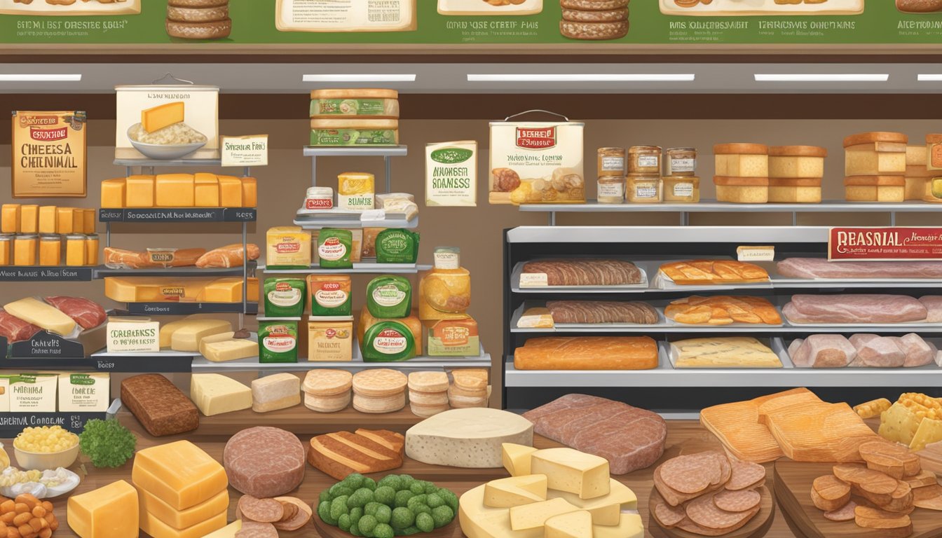 A display of gourmet and specialty food items at HEB, including cheeses, meats, and artisanal products