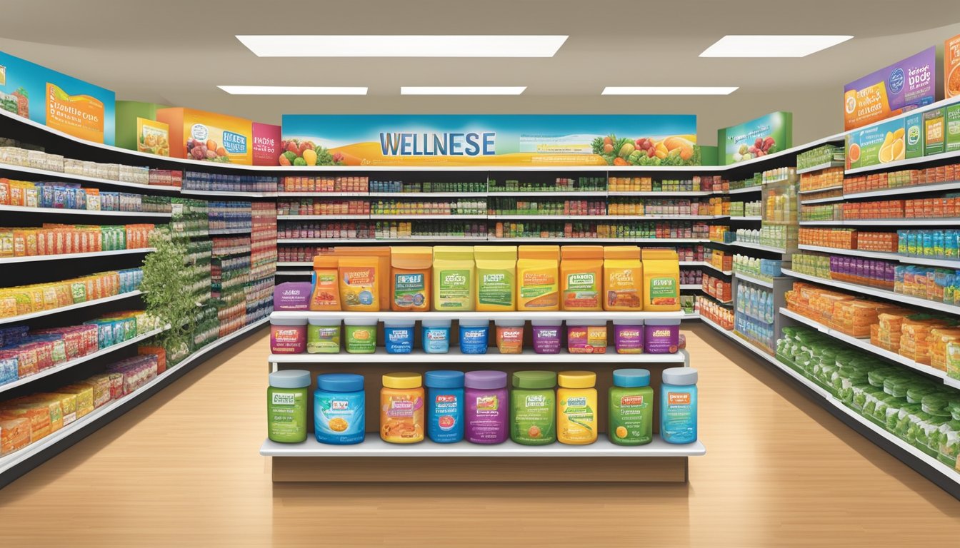 A colorful display of wellness products at an H-E-B store, including vitamins, supplements, and health foods