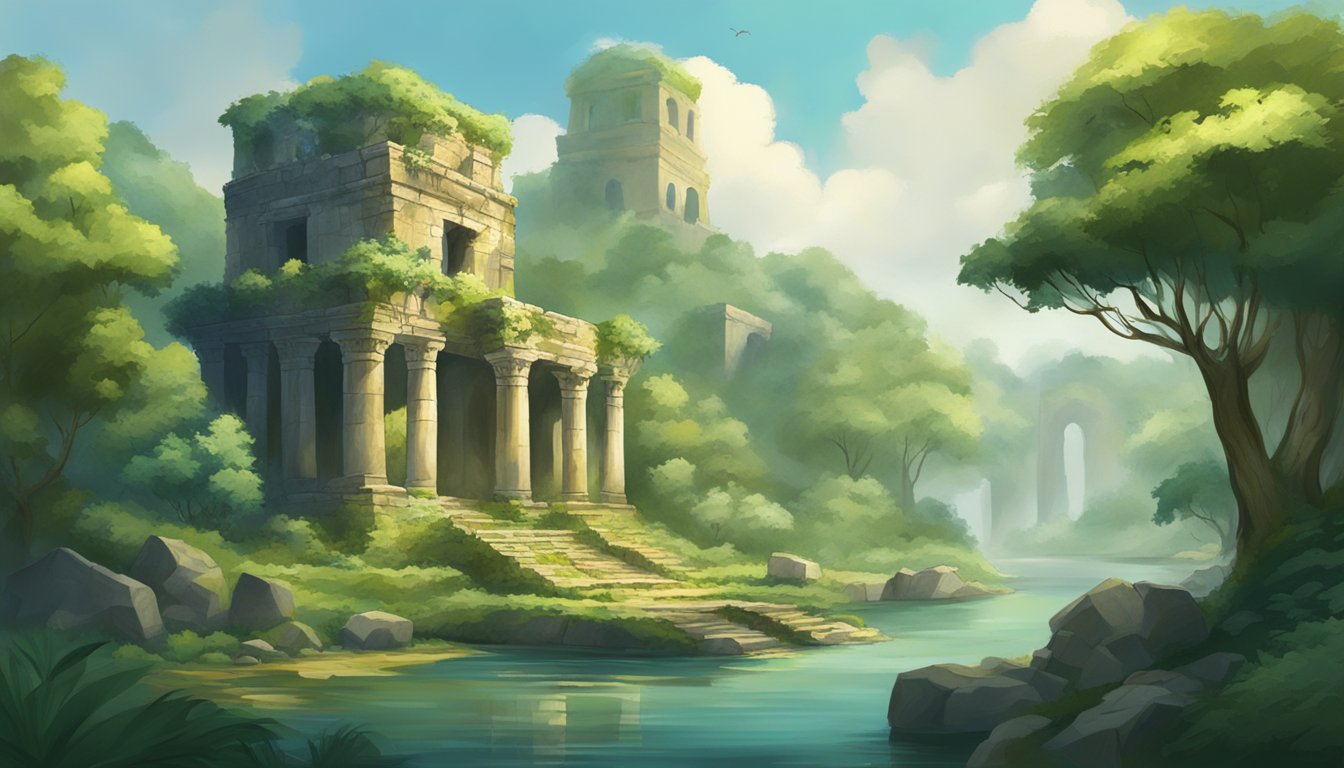 A group of ancient ruins surrounded by lush greenery and a tranquil river, with a sense of mystery and history in the air