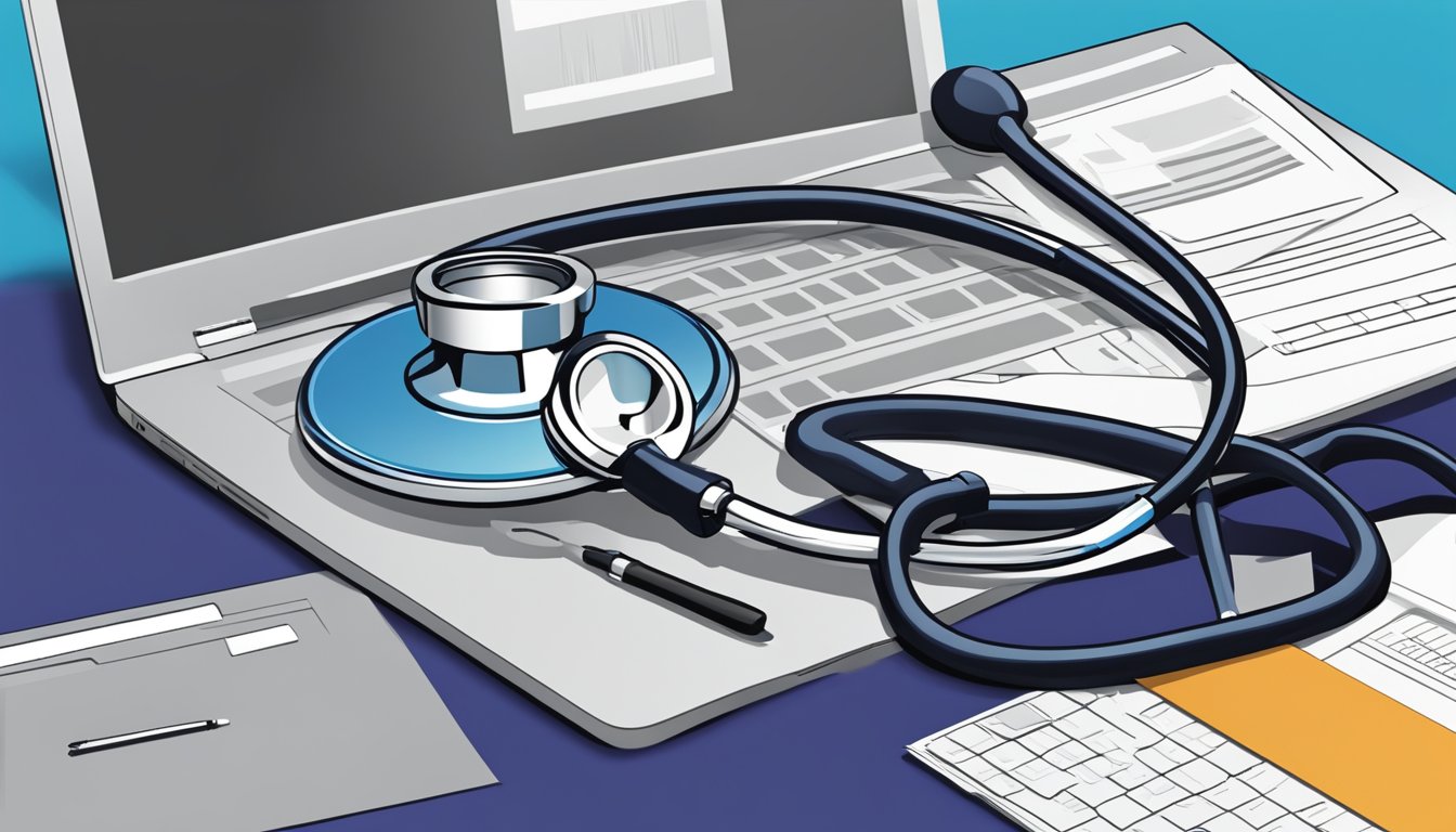 A stethoscope resting on a pile of paperwork, with a laptop displaying a health insurance company's logo in the background