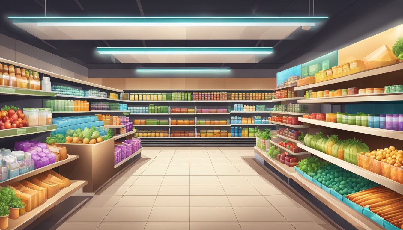 A modern grocery store with bright lighting, neatly organized shelves, and a variety of products on display