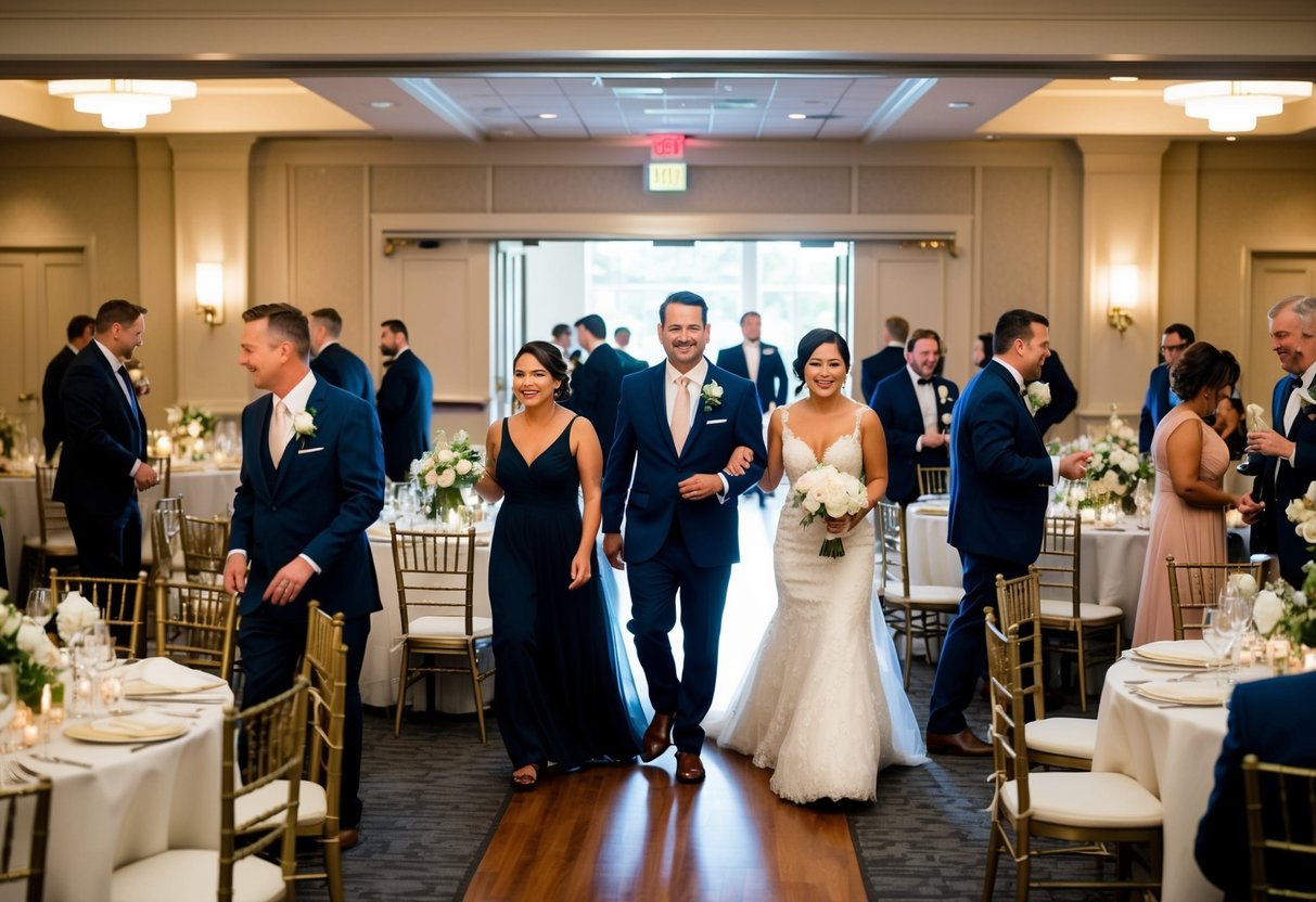 Guests leaving a wedding reception hall after dinner, with tables still set and decorations in place. Some guests linger, while others make their way to the exit