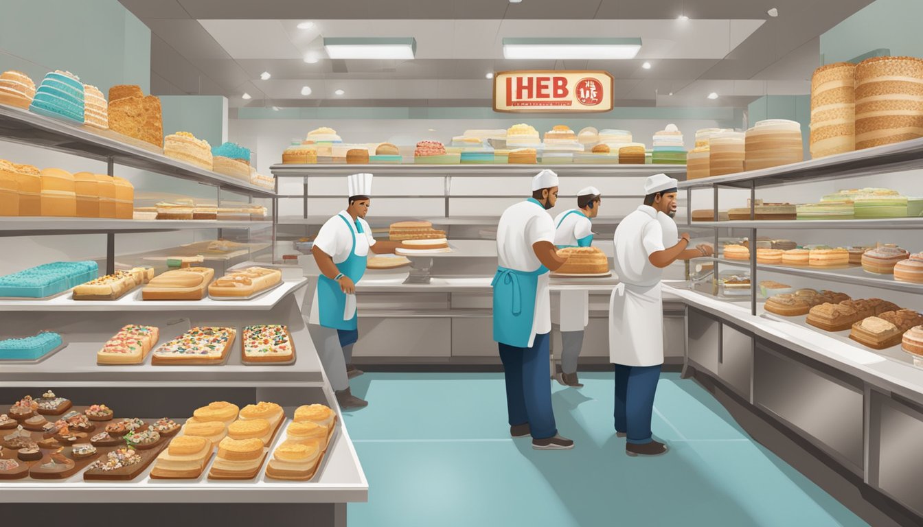 A bustling HEB Bakery with workers crafting and decorating cakes in various styles. Shelves display a history of their iconic cake designs