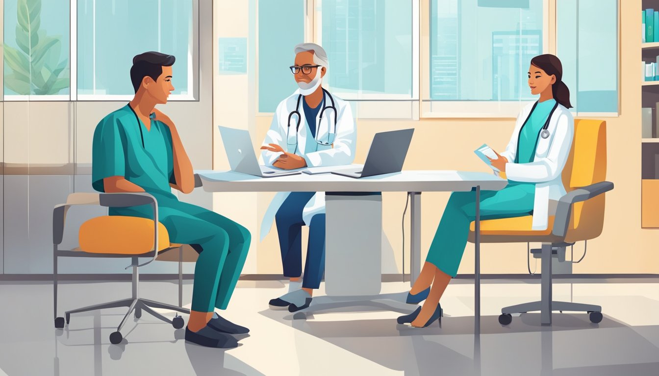 A doctor and patient discussing primary care services in a bright, modern clinic setting