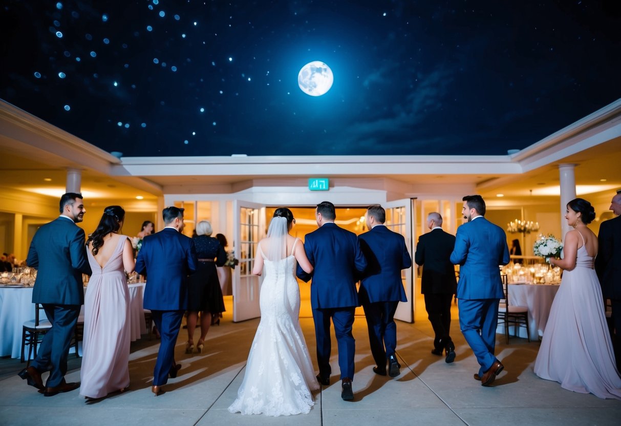 Guests exiting a wedding reception hall after dinner, under a starry night sky, with a full moon shining down on the elegant venue