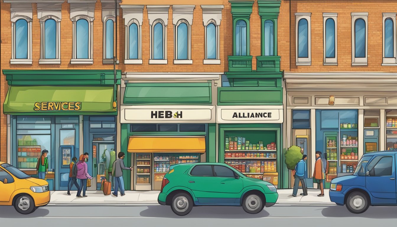 A busy city street with various shops and businesses, including a bank, pharmacy, and grocery store, all displaying the logo of "Services and Convenience heb alliance."