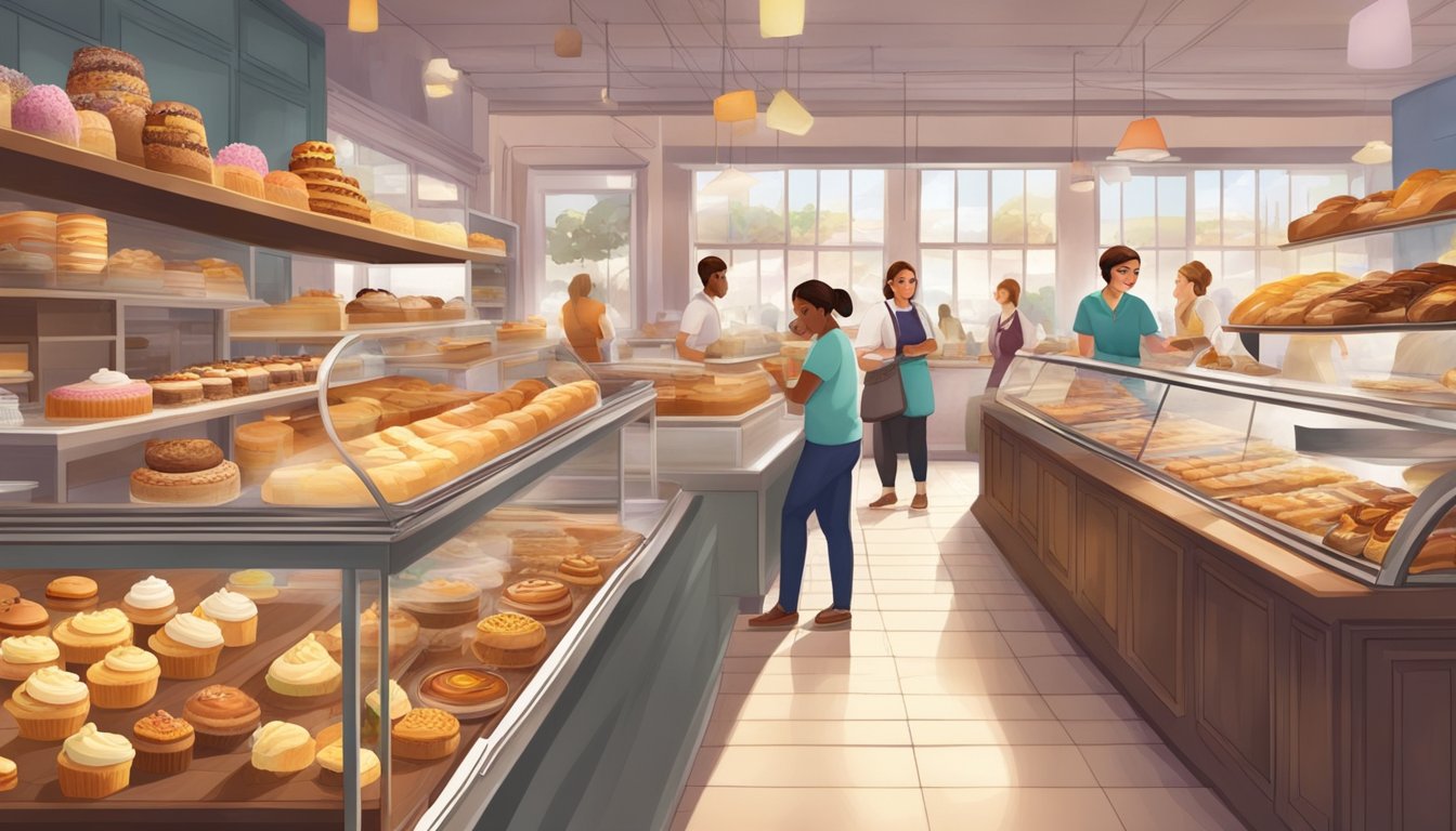 A bustling bakery section with colorful cakes on display, customers browsing, and the aroma of freshly baked goods filling the air