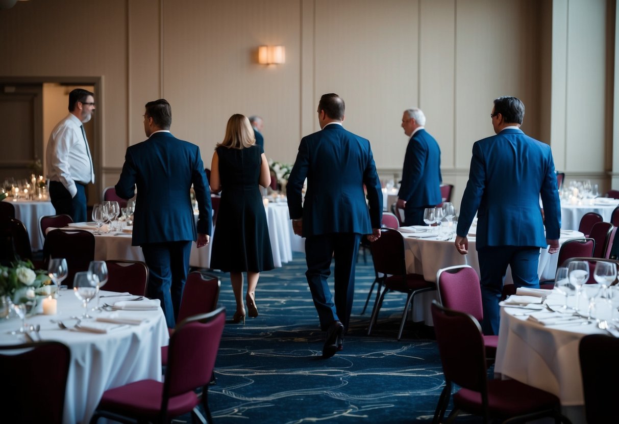 Guests milling around empty dinner tables, some heading towards the exit. A sense of uncertainty and unease lingers in the air