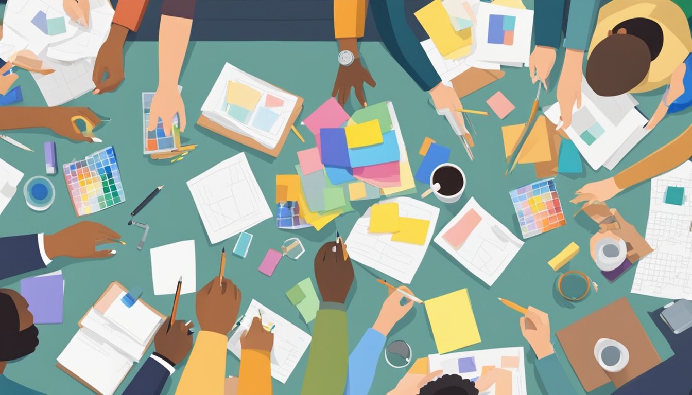 A group of diverse people gather in a circle, exchanging ideas and working together on a community project. Tables are covered with papers and art supplies