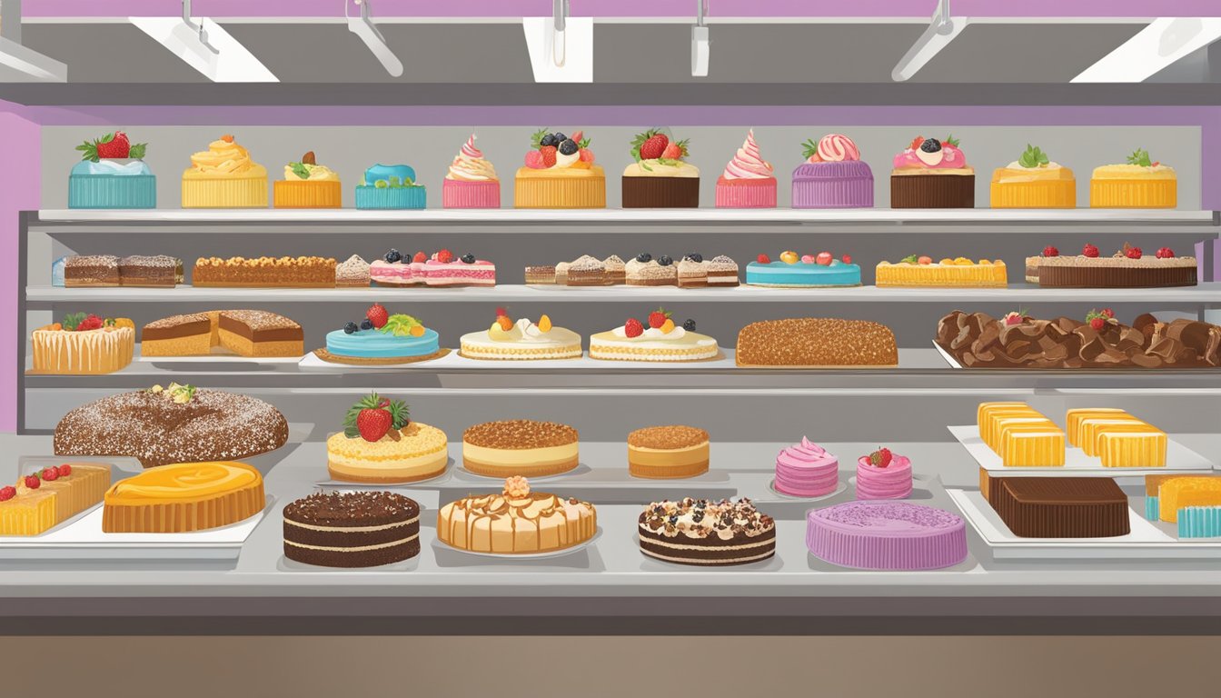 A display of assorted cakes at HEB, showcasing a variety of flavors, shapes, and decorations