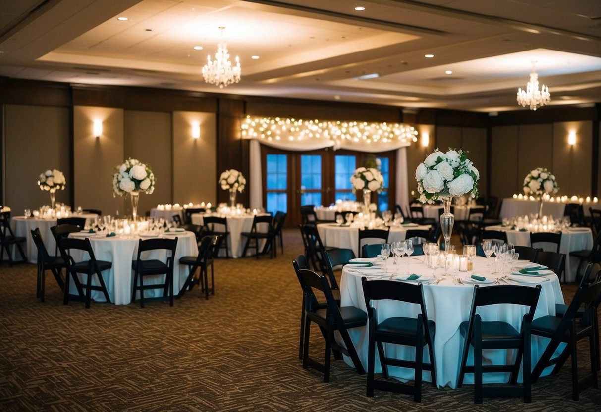 A half-empty wedding reception hall with tables set for dinner, dimmed lights, and a quiet atmosphere suggesting some guests have already left