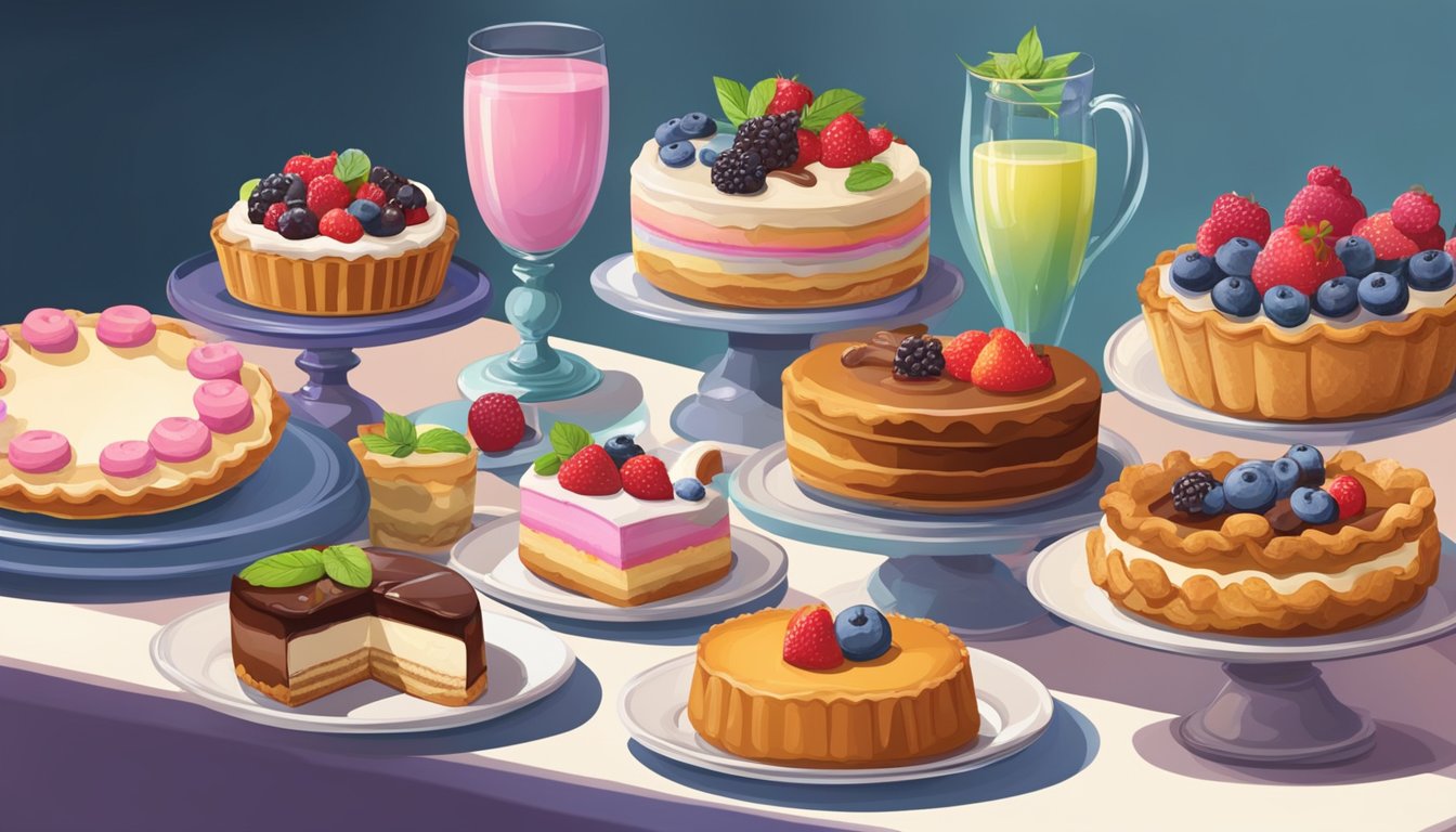 A table set with an assortment of desserts: pies, tarts, cookies, and pastries. A colorful array of sweet treats beyond traditional cakes