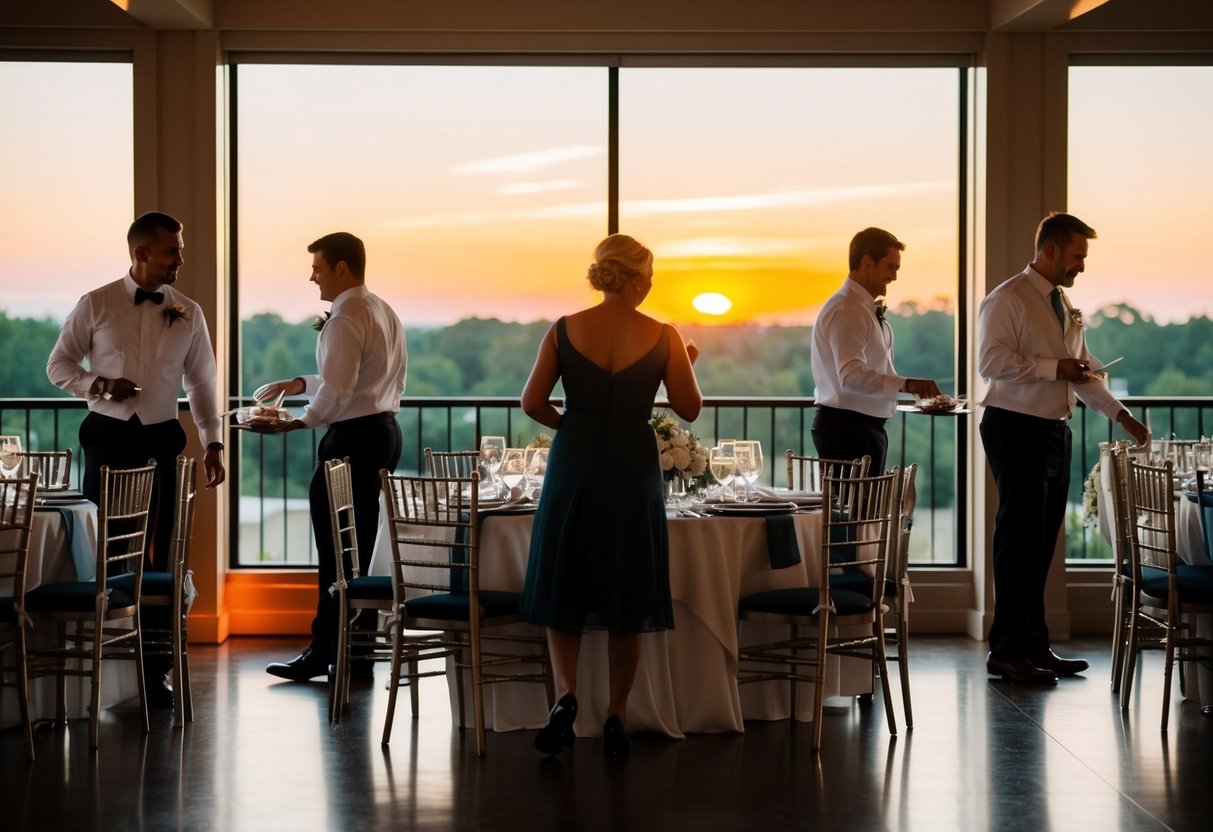 Guests departing wedding reception after dinner, with empty tables and waitstaff clearing dishes. Sunset casting warm light through windows