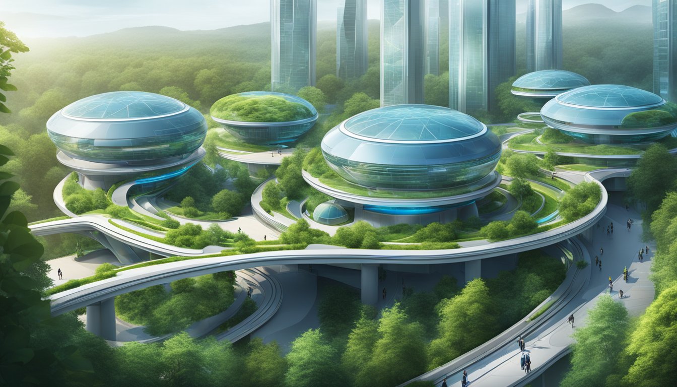 A group of futuristic buildings connected by sleek walkways, surrounded by greenery and advanced technology