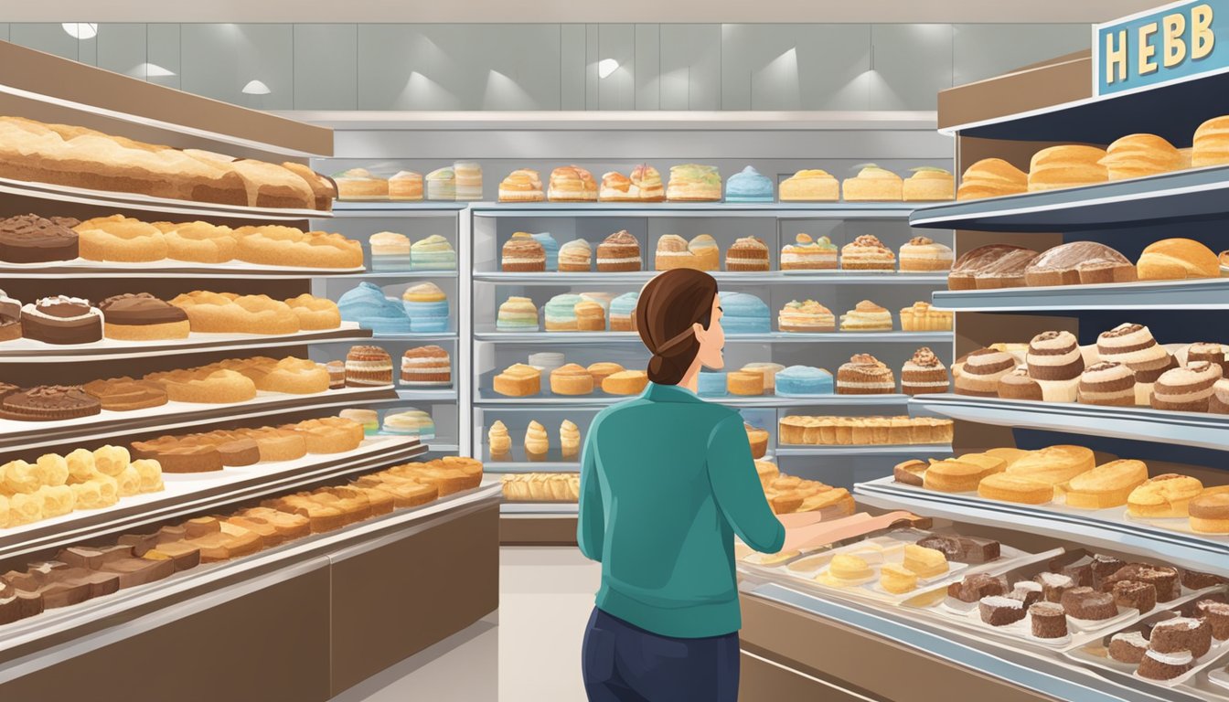 A customer selecting a HEB cake from a display case at the bakery section of the store