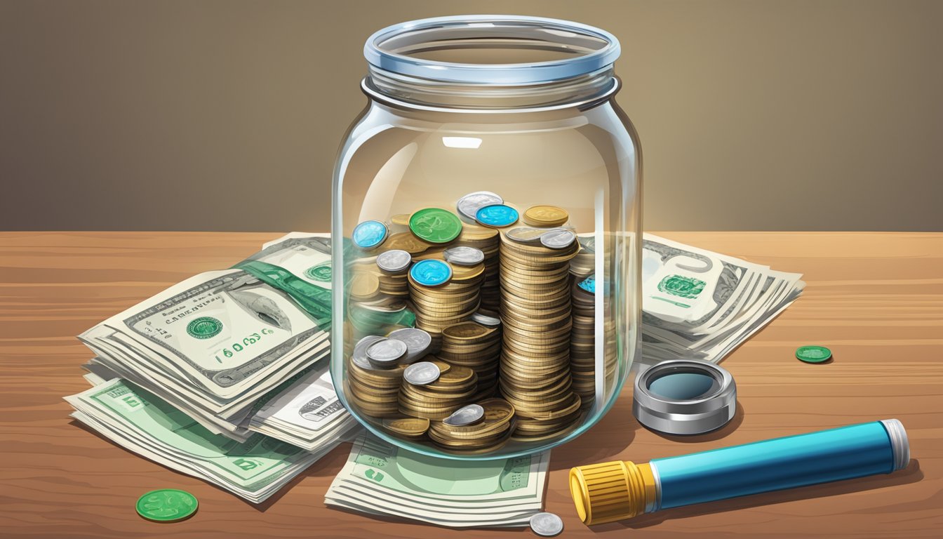 A clear glass jar filled with coins and a stack of paper bills, with a magnifying glass resting on top