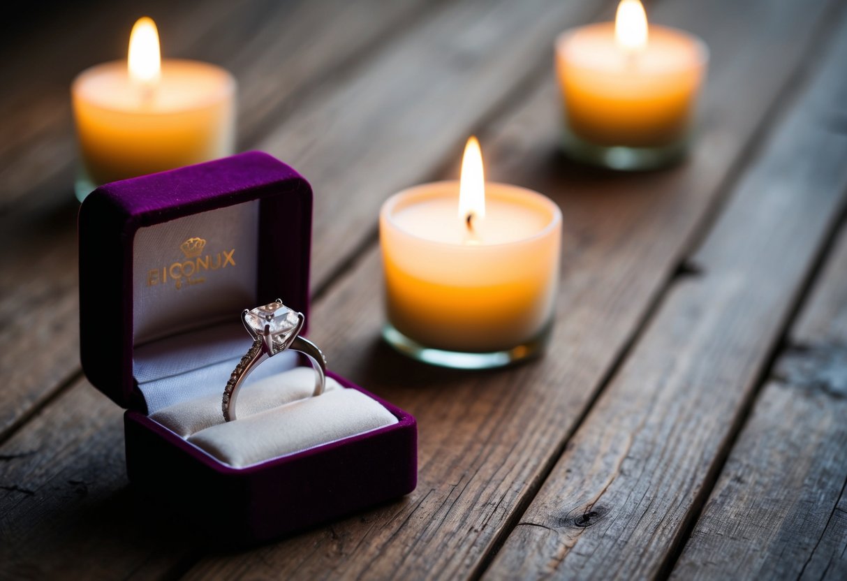A velvet box with a glimmering diamond ring sits on a rustic wooden table, surrounded by soft candlelight