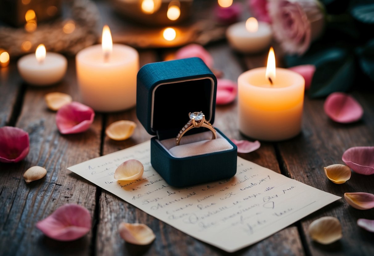 A ring box sits on a rustic wooden table, bathed in soft candlelight, surrounded by scattered rose petals and a handwritten love note