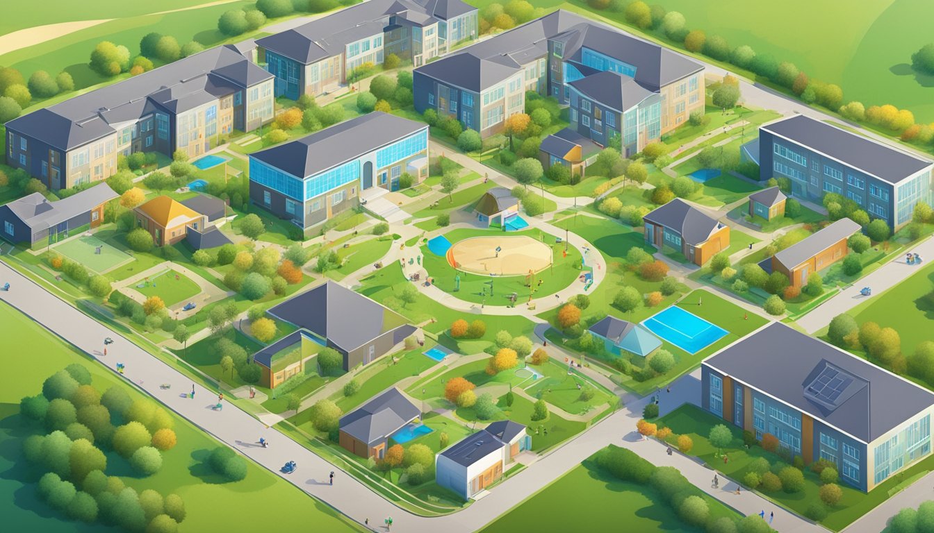 A bird's-eye view of a cluster of school buildings surrounded by green fields and playgrounds