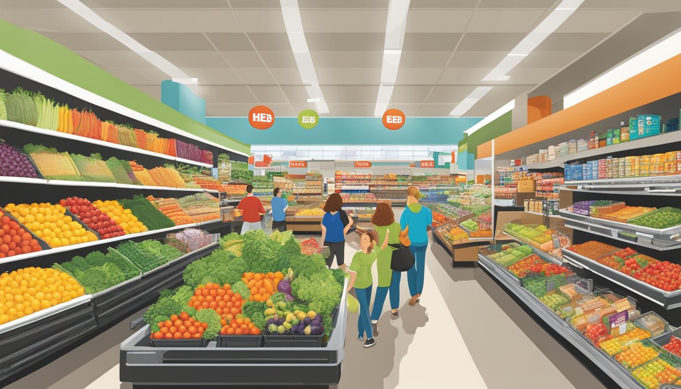 Busy H-E-B grocery store in Austin, with colorful produce displays, aisles of products, and customers browsing