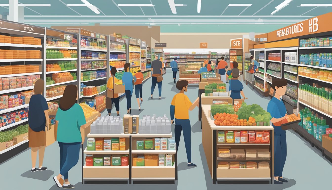 A bustling store with shelves stocked with various products and offerings, customers browsing and interacting with employees at HEB Plano