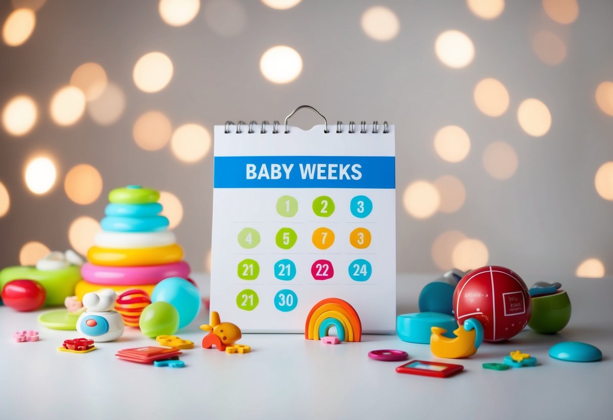 A calendar with highlighted weeks and baby items scattered around