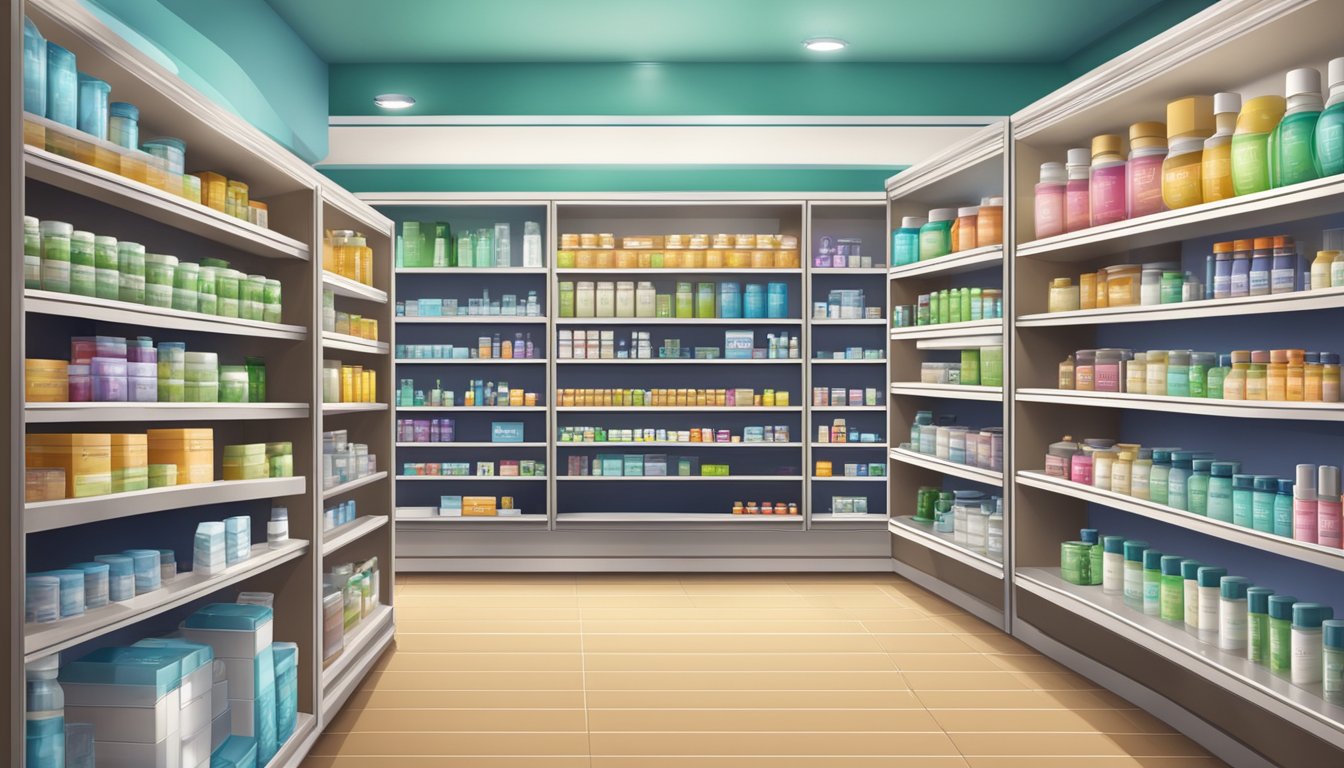 A modern pharmacy with shelves of wellness products, a counter, and a logo