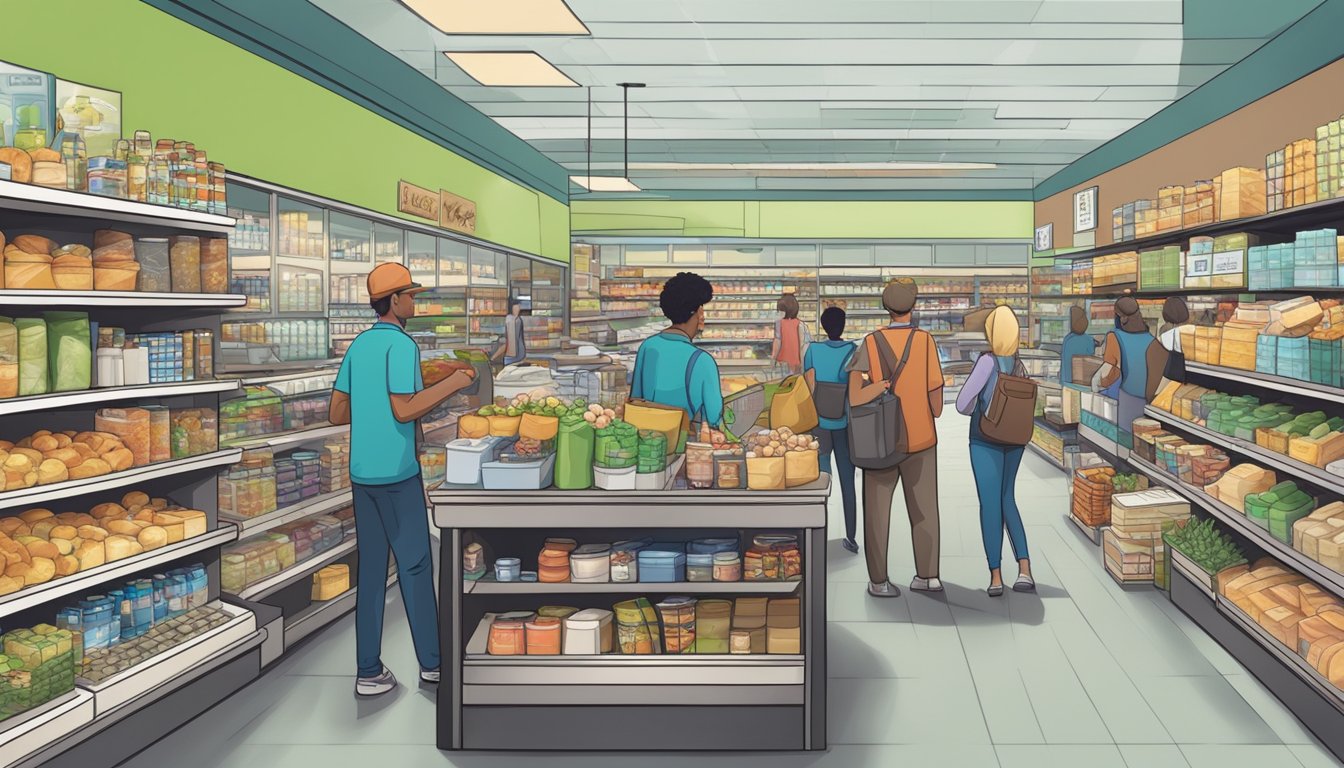 A busy grocery store with various in-store services such as a pharmacy, bakery, and deli counter. Customers are seen browsing the aisles and interacting with staff