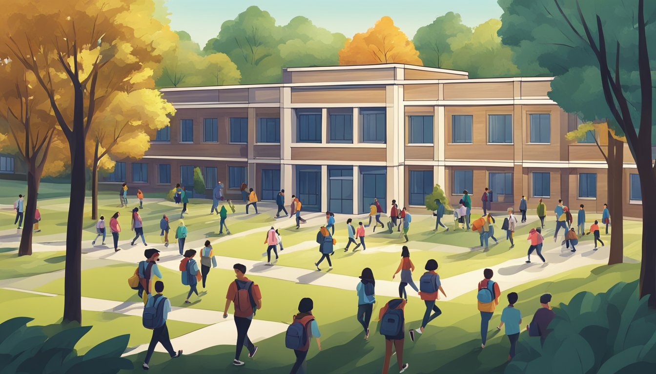 A group of school buildings surrounded by trees, with students walking between them