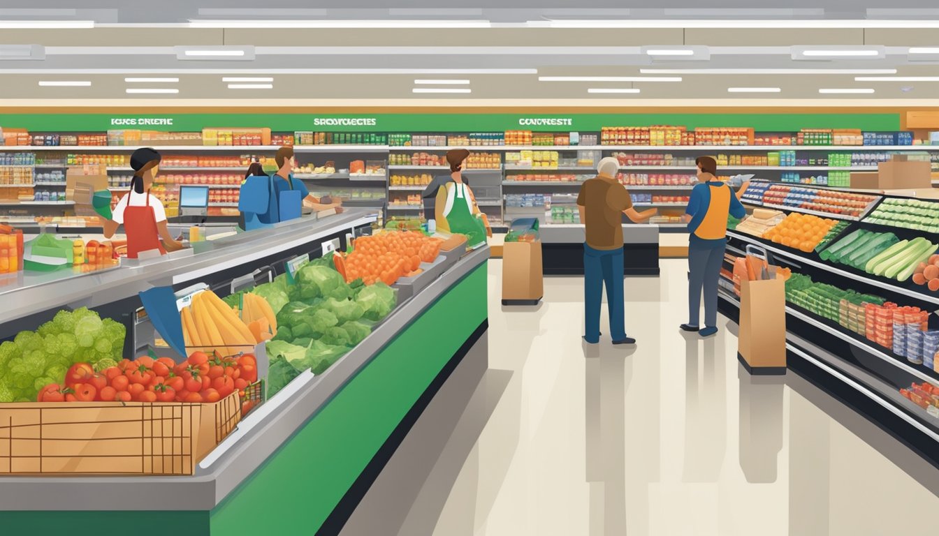 A busy supermarket checkout area with customers, groceries, and a cashier at a Convenience Services HEB in Plano