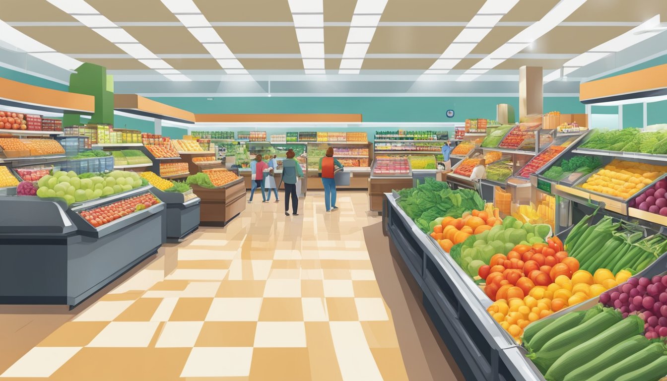 A bustling grocery store with colorful produce displays and busy checkout lanes