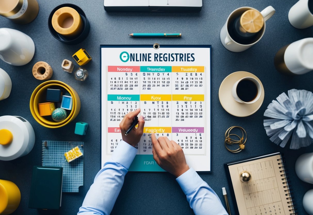 A person researching stores and online registries, surrounded by various products and websites, with a calendar showing different weeks highlighted