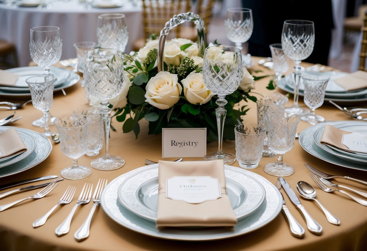 A beautifully set table with luxurious items like crystal stemware, silver flatware, and fine china displayed for a registry