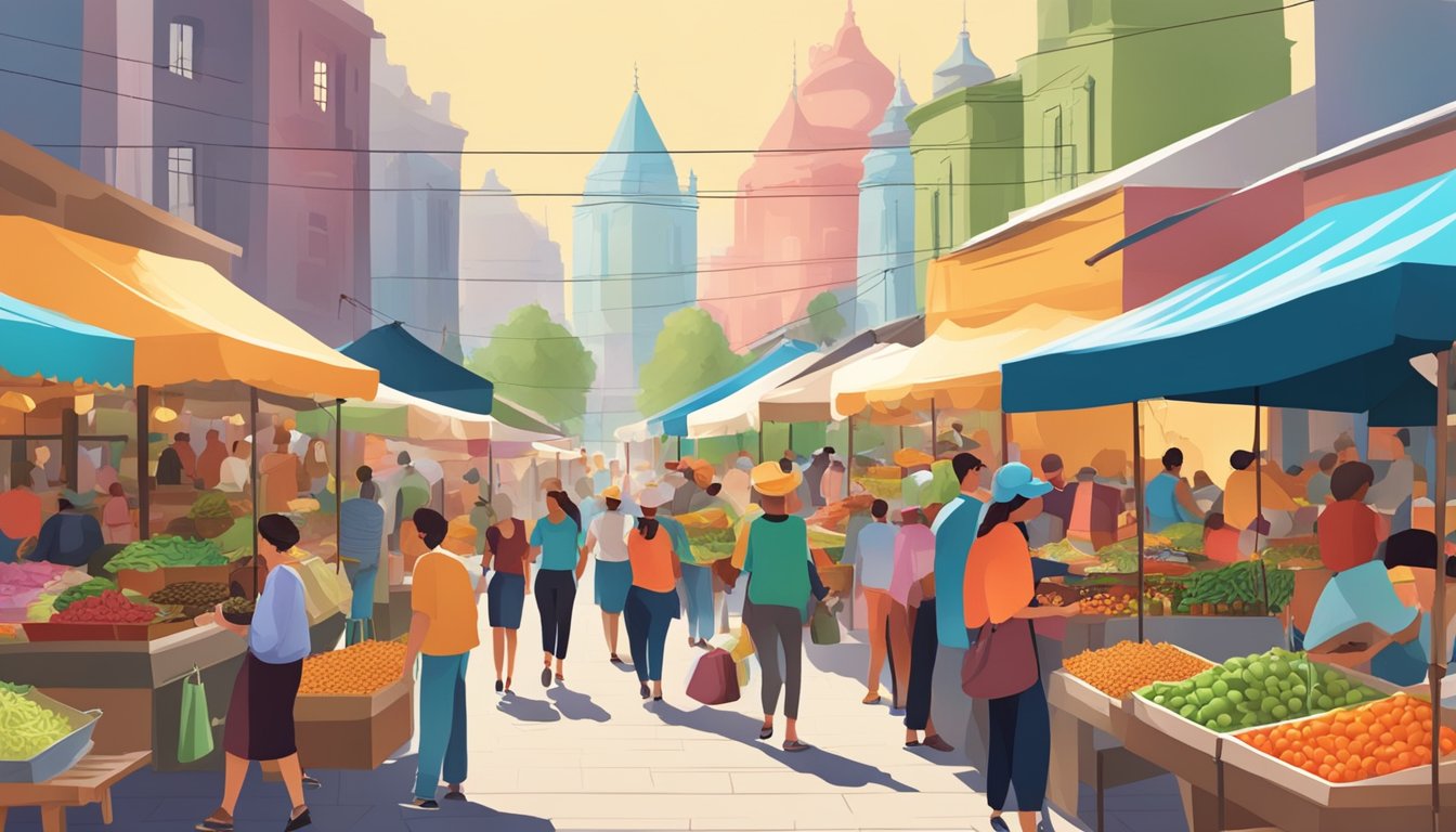 A bustling outdoor market with colorful food stalls and lively customers