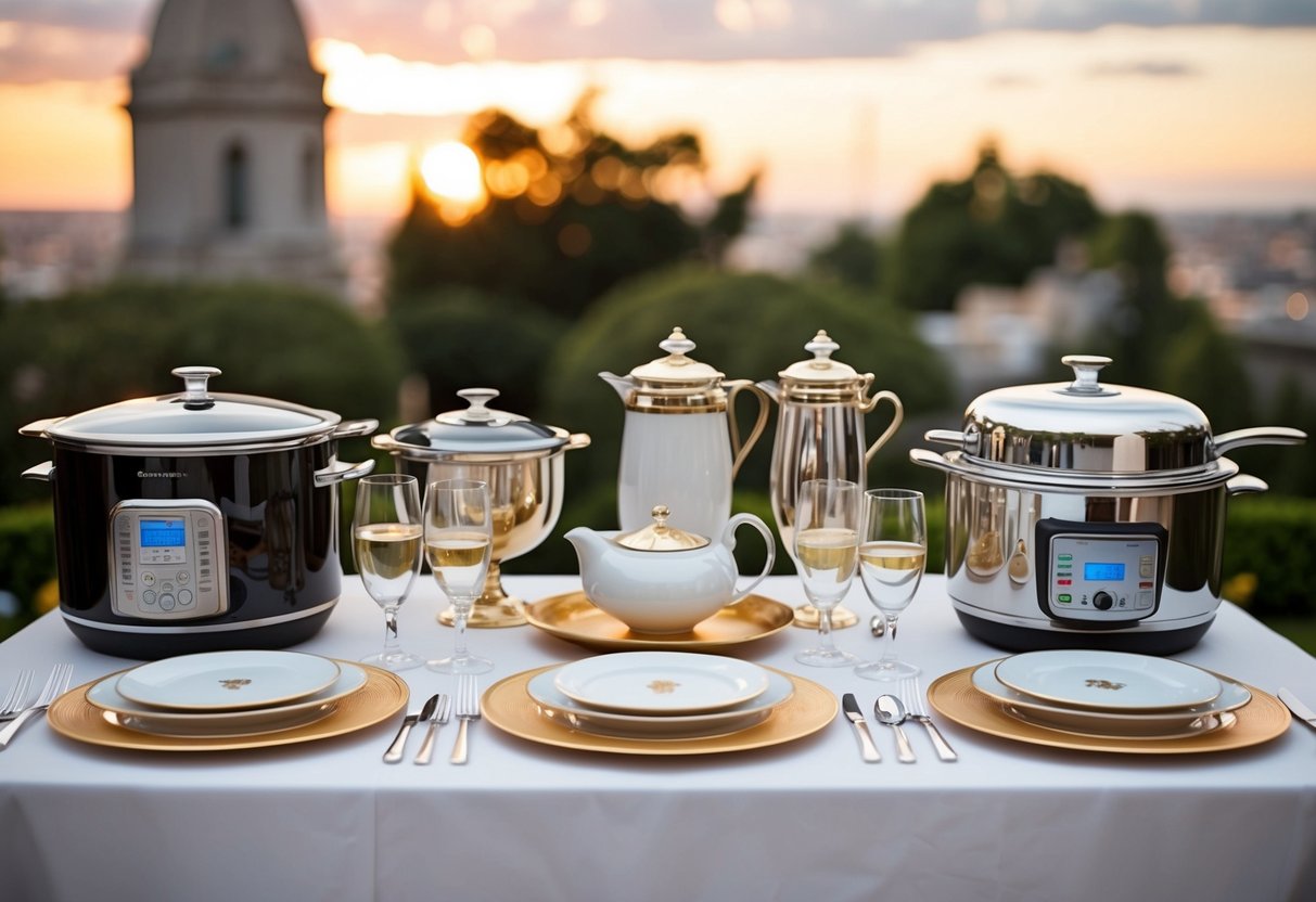 A beautifully set table with elegant dinnerware and luxurious kitchen appliances displayed on a registry