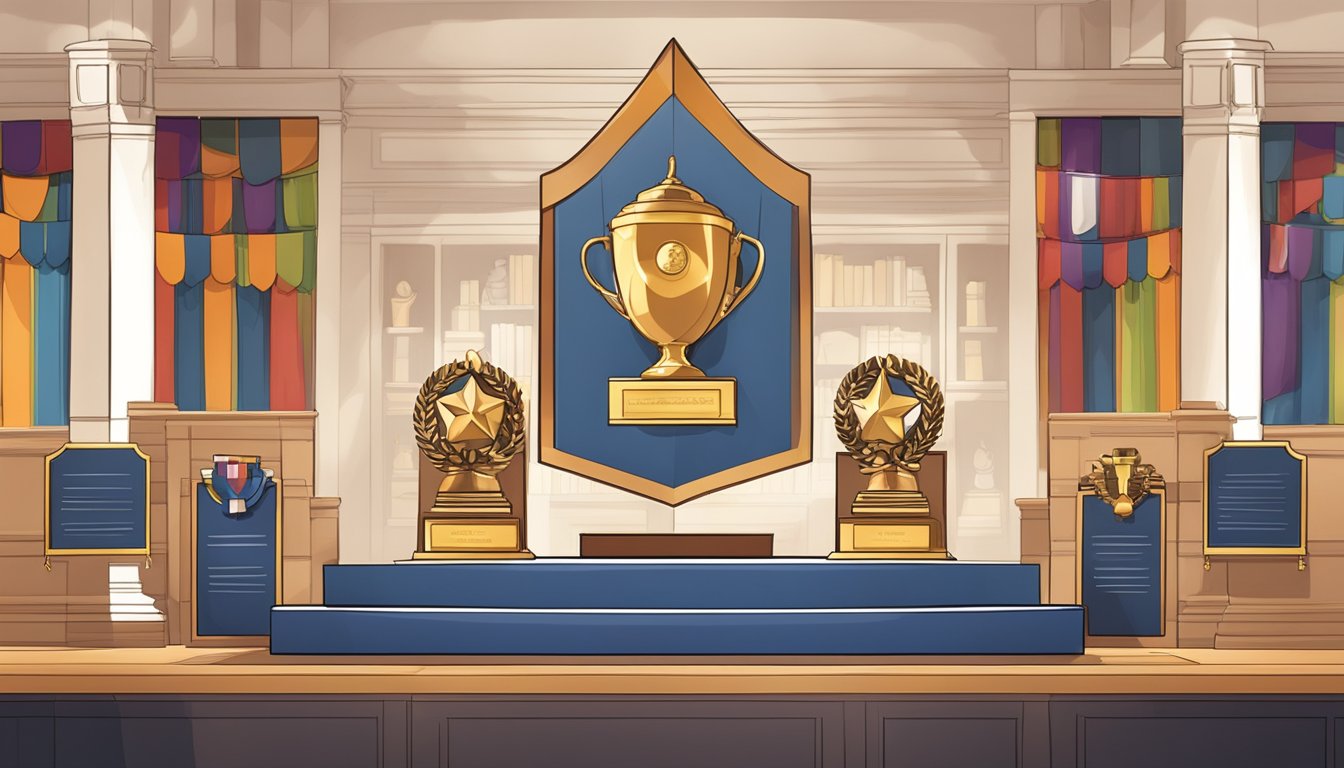 A stage with trophies, medals, and academic awards displayed