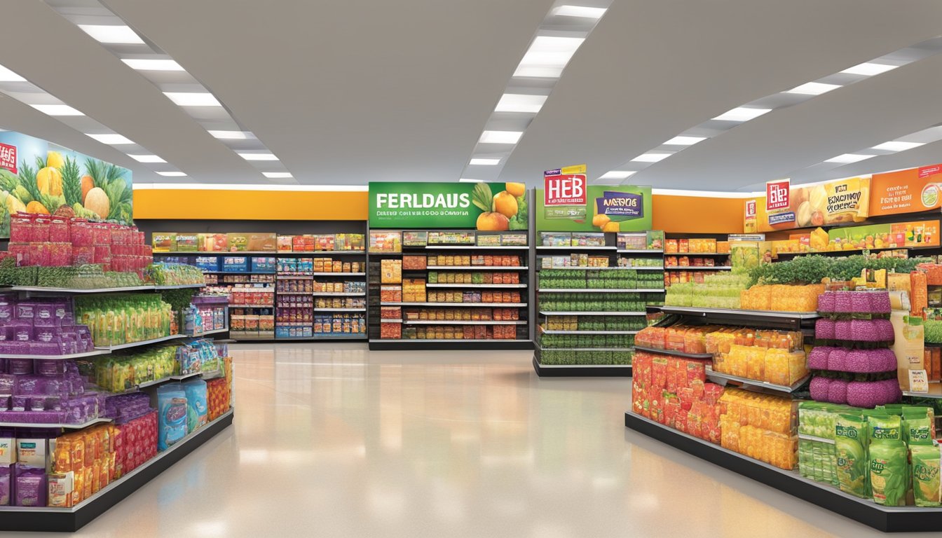 A vibrant display of promotional signage and colorful product displays at a HEB Plano store, showcasing special programs and savings