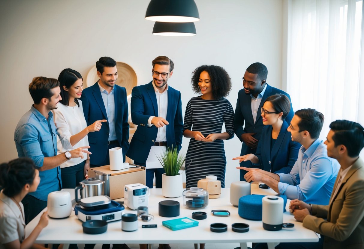 A table with a mix of high-end and affordable household items, surrounded by a diverse group of people discussing and pointing at the items